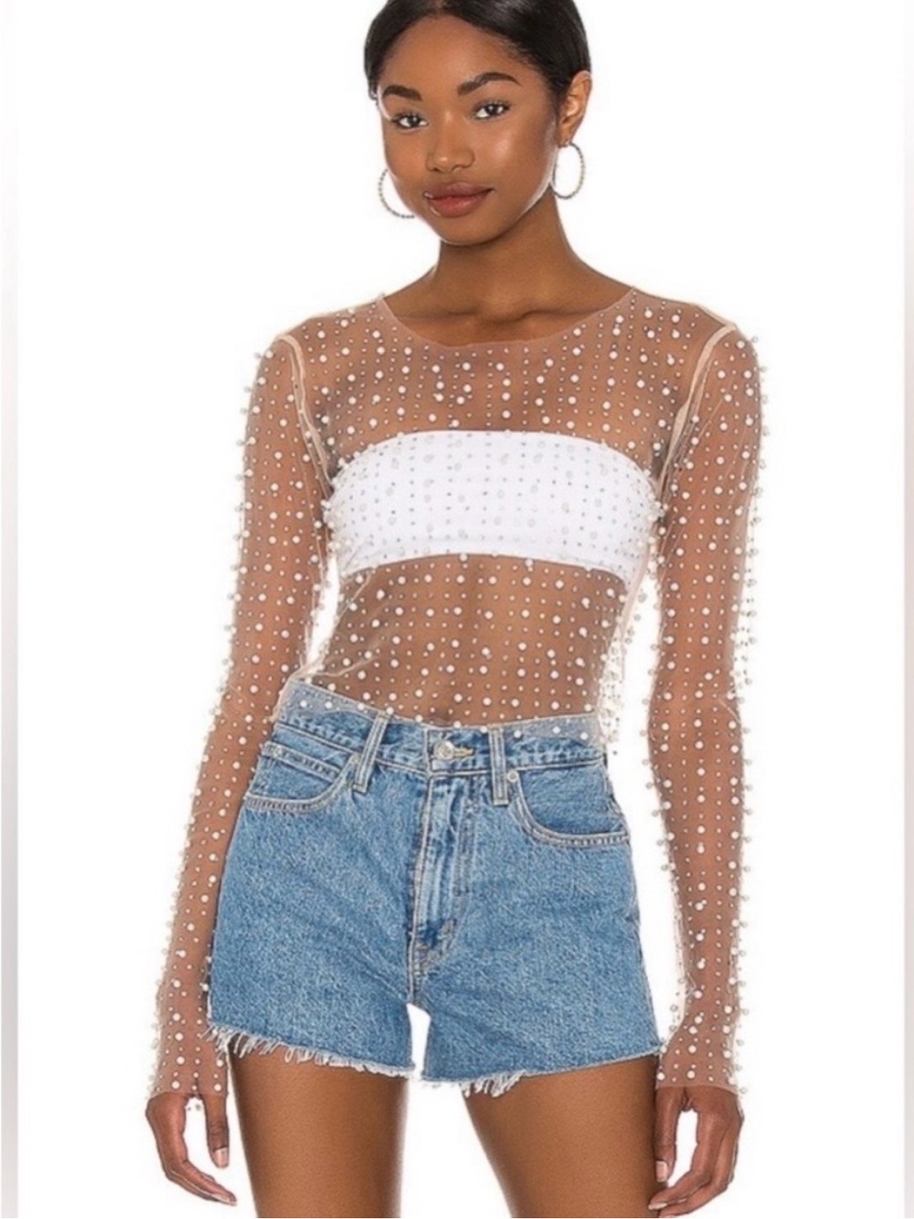 Beach Bunny Sheer Pearl-Embellished Long-Sleeve Crop Top — White